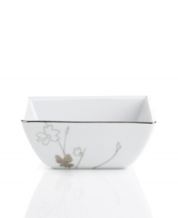 Wildflowers sparkle as they grow on the glazed white porcelain of Charter Club's Platinum Silhouette Square dinnerware. The dishes have a banded edge that adds a classic touch to a cereal bowl with modern spirit. Wildflowers sparkle as they grow on the glazed white porcelain of Charter Club's Platinum Silhouette Square dinnerware. The dishes have a banded edge that adds a classic touch to a cereal bowl with modern spirit.