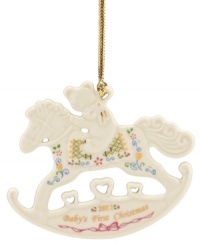 Take the reins of your child's first Christmas with this 2012 rocking horse ornament from Lenox. In ivory porcelain with cheery detail and Baby's First Christmas in gold, it's something you'll treasure forever. Take the reins of your child's first Christmas with this 2012 rocking horse ornament from Lenox. In ivory porcelain with cheery detail and Baby's First Christmas in gold, it's something you'll treasure forever.