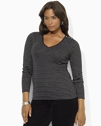 A sweet and simple metallic-stripe shirt in cotton jersey embodies feminine charm with a V-neckline and LRL-engraved buttons at the shoulder. A sweet and simple metallic-stripe shirt in cotton jersey embodies feminine charm with a V-neckline and LRL-engraved buttons at the shoulder.