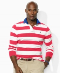 The epitome of athletic style, a lightweight cotton jersey rugby shirt is cut for a comfortable, classic fit with signature details and bold stripes. The epitome of athletic style, a lightweight cotton jersey rugby shirt is cut for a comfortable, classic fit with signature details and bold stripes.