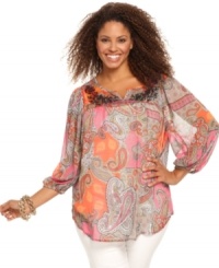 Be an image of bohemian-chic with Style&co.'s three-quarter sleeve plus size peasant top, featuring a sheer print. Be an image of bohemian-chic with Style&co.'s three-quarter sleeve plus size peasant top, featuring a sheer print.