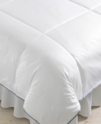 Rest in luxurious serenity with this pleated edge comforter from Calvin Klein, featuring smooth 300-thread count cotton sateen, down alternative fill and hypoallergenic construction. Finished with blue trim. (Clearance) Rest in luxurious serenity with this pleated edge comforter from Calvin Klein, featuring smooth 300-thread count cotton sateen, down alternative fill and hypoallergenic construction. Finished with blue trim. (Clearance)