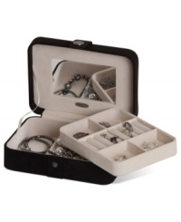 Keep gorgeous accessories under wraps in the Giana jewelry box from Mele & Co. Remove the lift-out tray with ring rolls and divided sections to reveal even more compartments, perfect for larger pieces. Keep gorgeous accessories under wraps in the Giana jewelry box from Mele & Co. Remove the lift-out tray with ring rolls and divided sections to reveal even more compartments, perfect for larger pieces.