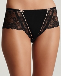 The Elle Macpherson Artistry Culotte is beautiful boy short style panty decorated with lace and ribbon details. A cute shortie cut paired with lace and ribbon accents for playful, pretty style. Sheer mesh in the front and back gives these panties a fun, peek-a-boo personality. Gorgeous lace trim dresses up the waist and sides with unique satin ribbon interwoven along the front. Cotton gusset. Style #E13-564 The Elle Macpherson Artistry Culotte is beautiful boy short style panty decorated with lace and ribbon details. A cute shortie cut paired with lace and ribbon accents for playful, pretty style. Sheer mesh in the front and back gives these panties a fun, peek-a-boo personality. Gorgeous lace trim dresses up the waist and sides with unique satin ribbon interwoven along the front. Cotton gusset. Style #E13-564