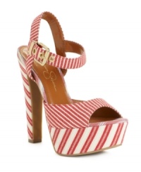 Americana charm meets sizzling summer style. The Papaya platform sandals by Jessica Simpson are ready for boardwalks and barbecues with their striped fabric design. Americana charm meets sizzling summer style. The Papaya platform sandals by Jessica Simpson are ready for boardwalks and barbecues with their striped fabric design.