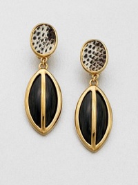 An almond-shaped resin drop accented with luxurious ring lizard inlays. ResinRing lizardGoldtoneDrop, about 1Clip-on backMade in USA An almond-shaped resin drop accented with luxurious ring lizard inlays. ResinRing lizardGoldtoneDrop, about 1Clip-on backMade in USA