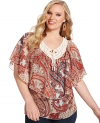Be an image of boho-chic with Cha Cha Vente's flutter sleeve plus size top, accented by crochet trim and ruffles. (Clearance)