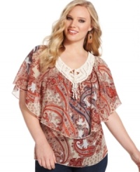 Be an image of boho-chic with Cha Cha Vente's flutter sleeve plus size top, accented by crochet trim and ruffles. (Clearance) Be an image of boho-chic with Cha Cha Vente's flutter sleeve plus size top, accented by crochet trim and ruffles. (Clearance)