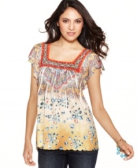 Prettier than your average peasant top, One World freshens up this look with kicky print and a squared-off, crochet-trimmed neckline! Prettier than your average peasant top, One World freshens up this look with kicky print and a squared-off, crochet-trimmed neckline!