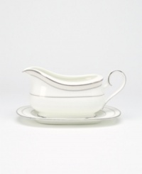 This versatile and stylish gravy boat with tray will coordinate perfectly with a variety of table linens and flatware. An ornate scroll motif trimmed in platinum adds a sophisticated sensibility to your tabletop. This versatile and stylish gravy boat with tray will coordinate perfectly with a variety of table linens and flatware. An ornate scroll motif trimmed in platinum adds a sophisticated sensibility to your tabletop.