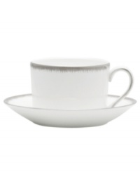 Fresh and cool in crisp white, the Silver Leaf Imperial tea saucer delivers modern style and iconic craftsmanship. Delicate feathered platinum applied using Wedgwood's signature technique shimmers with whimsy on sleek bone china. Fresh and cool in crisp white, the Silver Leaf Imperial tea saucer delivers modern style and iconic craftsmanship. Delicate feathered platinum applied using Wedgwood's signature technique shimmers with whimsy on sleek bone china.