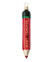 Remember the ones who help year 'round! Brilliantly hand-painted with beautful colors of the season, this Best Teacher pencil ornament is mouth-blown in Germany of the finest glass for a truly timeless holiday gift. Remember the ones who help year 'round! Brilliantly hand-painted with beautful colors of the season, this Best Teacher pencil ornament is mouth-blown in Germany of the finest glass for a truly timeless holiday gift.
