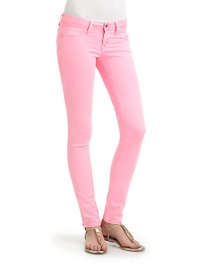 THE LOOKColored skinny leg denim jeansWaistband with belt loopsZip fly with button closureMock curved front pocketsInner right key pocketBack patch pocketsTHE FITRise, about 7Inseam, about 30THE MATERIAL98% cotton/2% spandexCARE & ORIGINMachine washImportedModel shown is 5'11 (180cm) wearing US size 4. THE LOOKColored skinny leg denim jeansWaistband with belt loopsZip fly with button closureMock curved front pocketsInner right key pocketBack patch pocketsTHE FITRise, about 7Inseam, about 30THE MATERIAL98% cotton/2% spandexCARE & ORIGINMachine washImportedModel shown is 5'11 (180cm) wearing US size 4.