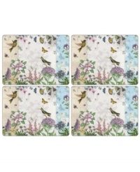 A fresh take on Portmeirion's beloved Botanic Garden pattern, the Botanic Hummingbird placemats layer colorful wildlife with muted blooms on a hard surface. A fresh take on Portmeirion's beloved Botanic Garden pattern, the Botanic Hummingbird placemats layer colorful wildlife with muted blooms on a hard surface.