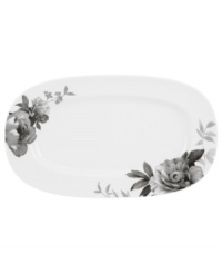Subdued in shades of gray, the vivacious florals of Moonlit Garden dinnerware adorn this sleek white hors d'oeuvres serving tray with modern romance. In durable Lenox porcelain. Subdued in shades of gray, the vivacious florals of Moonlit Garden dinnerware adorn this sleek white hors d'oeuvres serving tray with modern romance. In durable Lenox porcelain.