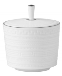 Wedgwood substitutes texture for tone in the exquisite Intaglio Platinum sugar bowl. White bone china embossed with intricate geometric patterns is undeniably modern but inspired by Georgian-era designs. Wedgwood substitutes texture for tone in the exquisite Intaglio Platinum sugar bowl. White bone china embossed with intricate geometric patterns is undeniably modern but inspired by Georgian-era designs.