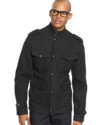 Stand with attention. This four-pocket military coat from Kenneth Cole features metal button and epaulet accents over rich wool, truly lending a striking look to your outdoor wardrobe. Stand with attention. This four-pocket military coat from Kenneth Cole features metal button and epaulet accents over rich wool, truly lending a striking look to your outdoor wardrobe.