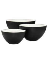 Make everyday meals a little more fun with mix-and-match from Noritake dinnerware. The dishes of the set are dressed in two contrasting hues-one glazed, one matte-and create a tabletop with endless possibilities. These clean, modern bowls are in three sizes to suit any meal. Make everyday meals a little more fun with mix-and-match from Noritake dinnerware. The dishes of the set are dressed in two contrasting hues-one glazed, one matte-and create a tabletop with endless possibilities. These clean, modern bowls are in three sizes to suit any meal.