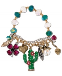 An oasis of cute charms. Betsey Johnson's bracelet highlights gold and silver tone chains, clear/green faceted bead stretch chain, green cactus with crystal accents, pink flowers, fuchsia-colored crystal accent, four-leaf clover, gold tone bubble heart, gold and silver tone feathers, and gold tone bow with clear faceted bead accent. Set in gold tone mixed metal. Approximate length: 7-1/2 inches. Approximate drop: 1-3/4 inches. An oasis of cute charms. Betsey Johnson's bracelet highlights gold and silver tone chains, clear/green faceted bead stretch chain, green cactus with crystal accents, pink flowers, fuchsia-colored crystal accent, four-leaf clover, gold tone bubble heart, gold and silver tone feathers, and gold tone bow with clear faceted bead accent. Set in gold tone mixed metal. Approximate length: 7-1/2 inches. Approximate drop: 1-3/4 inches.