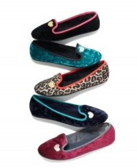 Tap into the smoking flat trend with these chic slippers from Betsey Johnson. Outfitted with signature detailing and contrast trim, this fab footwear comes in an assortment of cool colors and playful prints. Tap into the smoking flat trend with these chic slippers from Betsey Johnson. Outfitted with signature detailing and contrast trim, this fab footwear comes in an assortment of cool colors and playful prints.