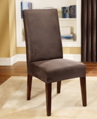Get the luxe look of leather with the convenience of a snug, custom fit with this stretch slipcover from Sure Fit. Featuring supple imitation leather that easily fits most dining room chairs. Get the luxe look of leather with the convenience of a snug, custom fit with this stretch slipcover from Sure Fit. Featuring supple imitation leather that easily fits most dining room chairs.