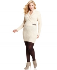 Enjoy the chic comfort of Pink Rose's plus size sweater dress, crafted from a cable knit. Enjoy the chic comfort of Pink Rose's plus size sweater dress, crafted from a cable knit.