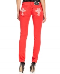 Rhinestone-cross details at the back pockets add eye-catching appeal to these colored-denim Miss Me skinny jeans -- perfect for daytime glam! Rhinestone-cross details at the back pockets add eye-catching appeal to these colored-denim Miss Me skinny jeans -- perfect for daytime glam!