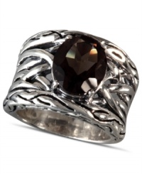 Bohemian bliss. EFFY Collection's chic cocktail ring features an oxidized sterling silver band with an intricate woven pattern and an oval-cut smokey quartz (4-1/10 ct. t.w.) center stone. Approximate width: 9/10 inch. Size 7. Bohemian bliss. EFFY Collection's chic cocktail ring features an oxidized sterling silver band with an intricate woven pattern and an oval-cut smokey quartz (4-1/10 ct. t.w.) center stone. Approximate width: 9/10 inch. Size 7.