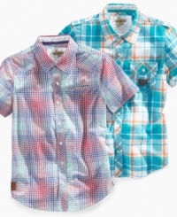 Crossover style. These bright, colorful short-sleeve shirts from Epic Threads blend perfectly with his fresh style. Crossover style. These bright, colorful short-sleeve shirts from Epic Threads blend perfectly with his fresh style.