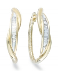 Up your glam factor. YellOra™'s chic twisted hoop earrings showcase baguette-cut diamonds front and center (1/4 ct. t.w.). Precious metal made from a combination of pure gold, sterling silver and palladium. Approximate diameter: 3/4 inch. Up your glam factor. YellOra™'s chic twisted hoop earrings showcase baguette-cut diamonds front and center (1/4 ct. t.w.). Precious metal made from a combination of pure gold, sterling silver and palladium. Approximate diameter: 3/4 inch.