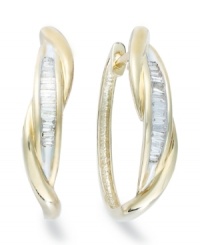 Up your glam factor. YellOra™'s chic twisted hoop earrings showcase baguette-cut diamonds front and center (1/4 ct. t.w.). Precious metal made from a combination of pure gold, sterling silver and palladium. Approximate diameter: 3/4 inch.