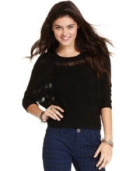 Planet Gold brings on the heat with a dolman-sleeve sweater that sports edgy, shredded stripes! Planet Gold brings on the heat with a dolman-sleeve sweater that sports edgy, shredded stripes!