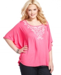 Renew your look for the season with Style&co.'s butterfly sleeve plus size top, accented by embroidery and rhinestones. Renew your look for the season with Style&co.'s butterfly sleeve plus size top, accented by embroidery and rhinestones.