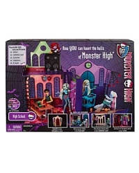 This fold-up set opens to reveal six play areas: the school entrance, where the cool ghouls gather; the iconic Locker Hallway, featuring six lockers that really open and have working locks; the Mad Science Class Room, with a desk and blackboard for lessons; Casketball Court; the Creepateria, a scary cool spot for lunch or school events; and the upstairs Hallway, where the trophy case doubles as a DJ booth for those fangtastic dances that happen in the Creepateria-turned-dance-hall. This fold-up set opens to reveal six play areas: the school entrance, where the cool ghouls gather; the iconic Locker Hallway, featuring six lockers that really open and have working locks; the Mad Science Class Room, with a desk and blackboard for lessons; Casketball Court; the Creepateria, a scary cool spot for lunch or school events; and the upstairs Hallway, where the trophy case doubles as a DJ booth for those fangtastic dances that happen in the Creepateria-turned-dance-hall.