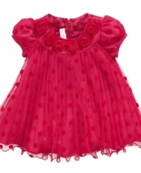 Lovely dress by Bonnie Baby with an overflow of dots and rose detail on collar. Lovely dress by Bonnie Baby with an overflow of dots and rose detail on collar.
