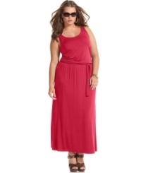 Glamour meets ultra-comfort with MICHAEL Michael Kors' sleeveless plus size maxi dress, cinched by a belted waist. Glamour meets ultra-comfort with MICHAEL Michael Kors' sleeveless plus size maxi dress, cinched by a belted waist.