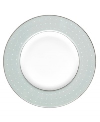 A serene light blue inspired by Monique Lhuillier's favorite evening gown silks lends soft contrast to the rest of the Étoile Platinum collection of dinnerware and dishes. In pearlescent china with glossy raised dots and fine stitch-like detail. A serene light blue inspired by Monique Lhuillier's favorite evening gown silks lends soft contrast to the rest of the Étoile Platinum collection of dinnerware and dishes. In pearlescent china with glossy raised dots and fine stitch-like detail.