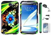 Blue Aqua Flower Green Stripes On Black Premium Design Protector Hard Cover Case for Samsung Galaxy Note II N7100 (AT&T, Verizon, T-Mobile, Sprint, U.S. Cellular) Android Smart Phone + Luxmo Brand Travel (Wall) Charger & Car Charger + Screen Protector Fil Blue Aqua Flower Green Stripes On Black Premium Design Protector Hard Cover Case for Samsung Galaxy Note II N7100 (AT&T, Verizon, T-Mobile, Sprint, U.S. Cellular) Android Smart Phone + Luxmo Brand Travel (Wall) Charger & Car Charger + Screen Protector Fil