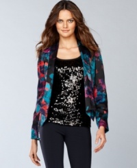 Soft draping and a bold print add up to one fabulously stylish blazer, from INC. Wear this versatile piece with a solid-color blouse or mix it with contrasting prints for an edgier, trendier look. Soft draping and a bold print add up to one fabulously stylish blazer, from INC. Wear this versatile piece with a solid-color blouse or mix it with contrasting prints for an edgier, trendier look.