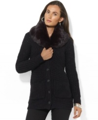 Lauren Jeans Co.'s chunky-knit cardigan is a cozy essential and has been given a luxe update with a detachable faux-fur collar for added elegance. Lauren Jeans Co.'s chunky-knit cardigan is a cozy essential and has been given a luxe update with a detachable faux-fur collar for added elegance.