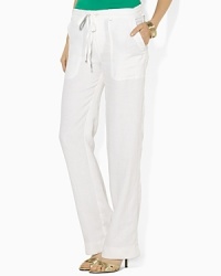 A chic wide-leg pant is updated for the season in breezy, washed linen. A chic wide-leg pant is updated for the season in breezy, washed linen.