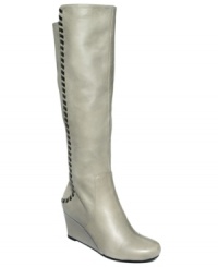 Snake print stitching on the back shaft of RACHEL Rachel Roy's Rolettah tall wedge boots gives this tall, sexy pair a unique hint of detail. Snake print stitching on the back shaft of RACHEL Rachel Roy's Rolettah tall wedge boots gives this tall, sexy pair a unique hint of detail.