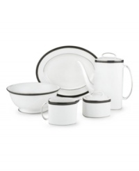 In the hands of kate spade, black and white is anything but basic. Dancing ebony stitched stripes provide a stunning contrast to the pristine china of the Union Street round serving bowl (shown left).