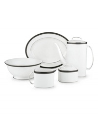 In the hands of kate spade, black and white is anything but basic. Dancing ebony stitched stripes provide a stunning contrast to the pristine china of the Union Street round serving bowl (shown left). In the hands of kate spade, black and white is anything but basic. Dancing ebony stitched stripes provide a stunning contrast to the pristine china of the Union Street round serving bowl (shown left).