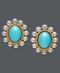 Add a little color to make your outfit pop. These bold and stylish studs feature an oval-cut turquoise stone (2-1/4 mm) set in intricate rope-edged 14k gold and surrounded by cultured freshwater pearls (2-3/4-3 mm). Approximate diameter: 3/4 inch. Add a little color to make your outfit pop. These bold and stylish studs feature an oval-cut turquoise stone (2-1/4 mm) set in intricate rope-edged 14k gold and surrounded by cultured freshwater pearls (2-3/4-3 mm). Approximate diameter: 3/4 inch.