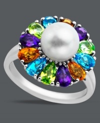 A burst of vibrant color adorns this polished sterling silver ring. Pear-cut blue topaz (3/4 ct. t.w.), citrine (5/8 ct. t.w.), amethyst (5/8 ct. t.w.) and peridot (5/8 ct. t.w.) surround a cultured freshwater pearl (8mm) for a whimsical flower effect. Size 7. A burst of vibrant color adorns this polished sterling silver ring. Pear-cut blue topaz (3/4 ct. t.w.), citrine (5/8 ct. t.w.), amethyst (5/8 ct. t.w.) and peridot (5/8 ct. t.w.) surround a cultured freshwater pearl (8mm) for a whimsical flower effect. Size 7.