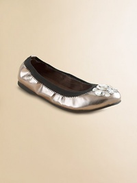 Shiny metallic faux leather, glamorously adorned with chunky rhinestones on the toe.Faux leather upperContrast elastic edgingMicrosuede liningPadded insoleRubber composite soleImported Shiny metallic faux leather, glamorously adorned with chunky rhinestones on the toe.Faux leather upperContrast elastic edgingMicrosuede liningPadded insoleRubber composite soleImported