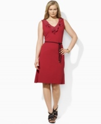 Lauren by Ralph Lauren's sleek plus size jersey dress is accented with feminine ruffles at the neckline and a chic rope belt at the waist to create a comfortable, stylish dress. Lauren by Ralph Lauren's sleek plus size jersey dress is accented with feminine ruffles at the neckline and a chic rope belt at the waist to create a comfortable, stylish dress.