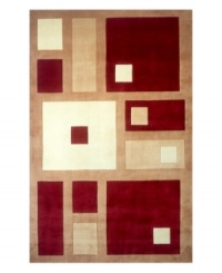 A striking cubistic design in red, ivory and creme creates an abstract rug with modern style and refined elegance. A beige backdrop complements the geometric pattern with an absorbing color contrast, which completes the rug with a chic, contemporary finish. Hand-tufted and hand-carved of plush wool. A striking cubistic design in red, ivory and creme creates an abstract rug with modern style and refined elegance. A beige backdrop complements the geometric pattern with an absorbing color contrast, which completes the rug with a chic, contemporary finish. Hand-tufted and hand-carved of plush wool.