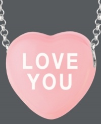 Everyone's favorite sentimental sweet. Sweethearts' adorable heart-shaped pendant expresses more that just great style with the words LOVE YOU written across a pastel pink enamel surface. Pendant crafted in sterling silver. Copyright © 2011 New England Confectionery Company. Approximate length: 16 inches + 2-inch extender. Approximate drop: 5/8 inch. Everyone's favorite sentimental sweet. Sweethearts' adorable heart-shaped pendant expresses more that just great style with the words LOVE YOU written across a pastel pink enamel surface. Pendant crafted in sterling silver. Copyright © 2011 New England Confectionery Company. Approximate length: 16 inches + 2-inch extender. Approximate drop: 5/8 inch.